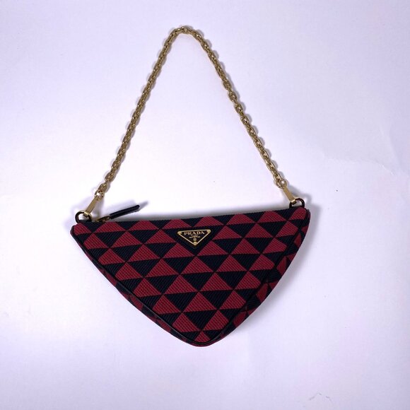 PRADA Red/Black Embroidered Triangle Jacquard Fabric Mini Bag - Picture 2 of 7